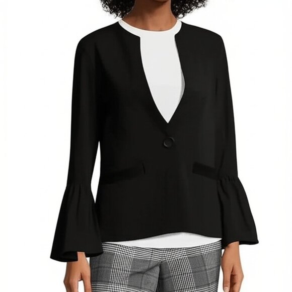 VERONICA M Black Blazer Size Medium Ruffle Bell Sleeve Tailored Work Offic - Picture 1 of 6